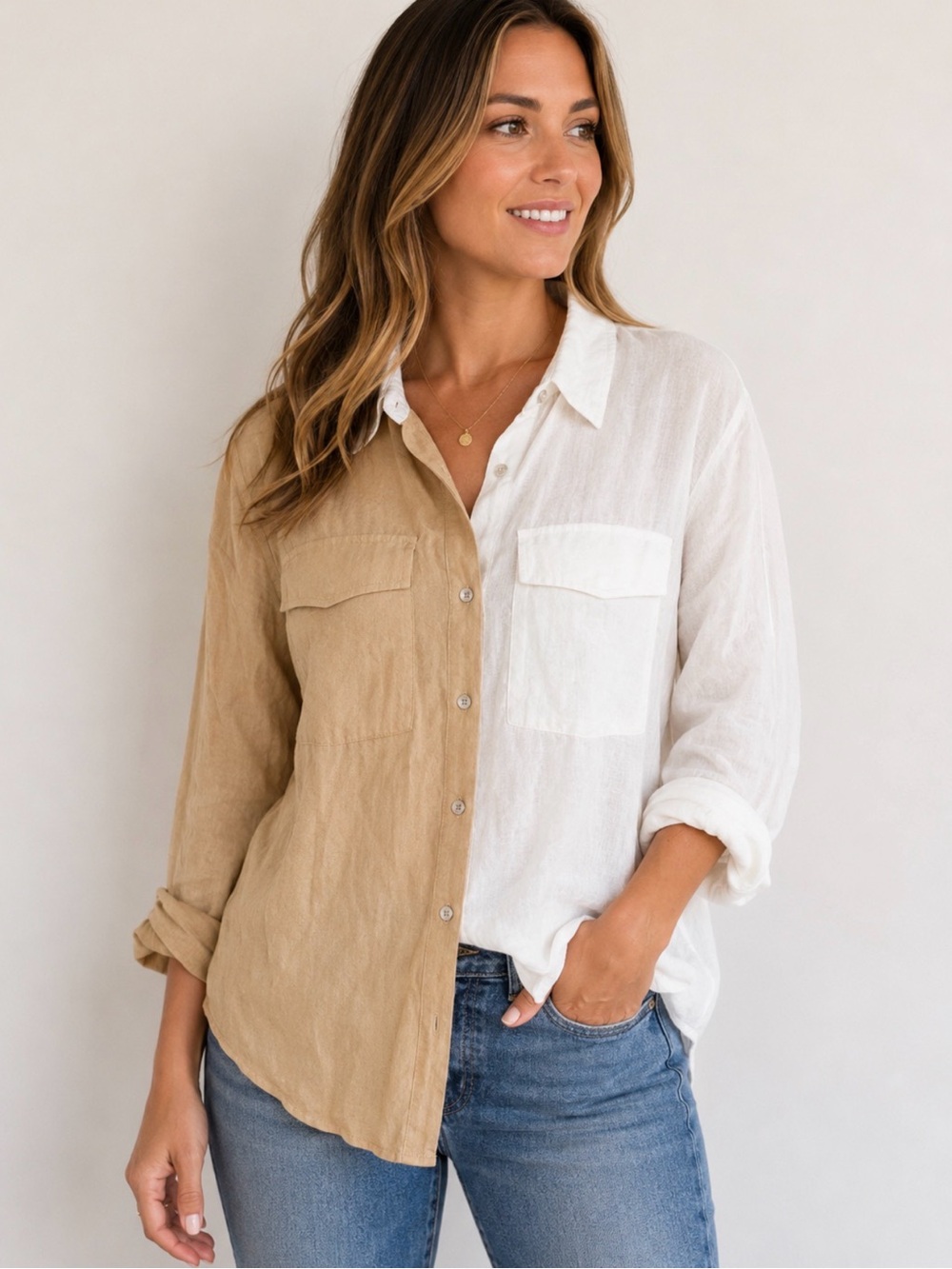 Honey & Sparkle Two-Tone Beige and White Button-Up Shirt blouse size medium